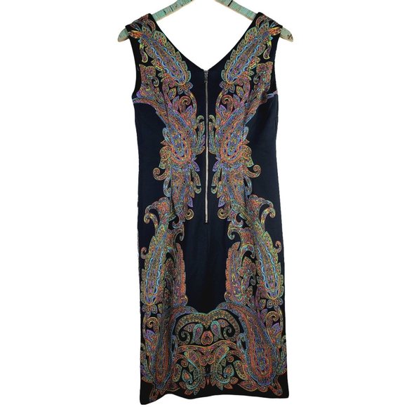 Carmen Marc Valvo, Paisley V-Neck & Back Scuba Shift Dress w/ Exposed Zipper, S - Picture 2 of 9